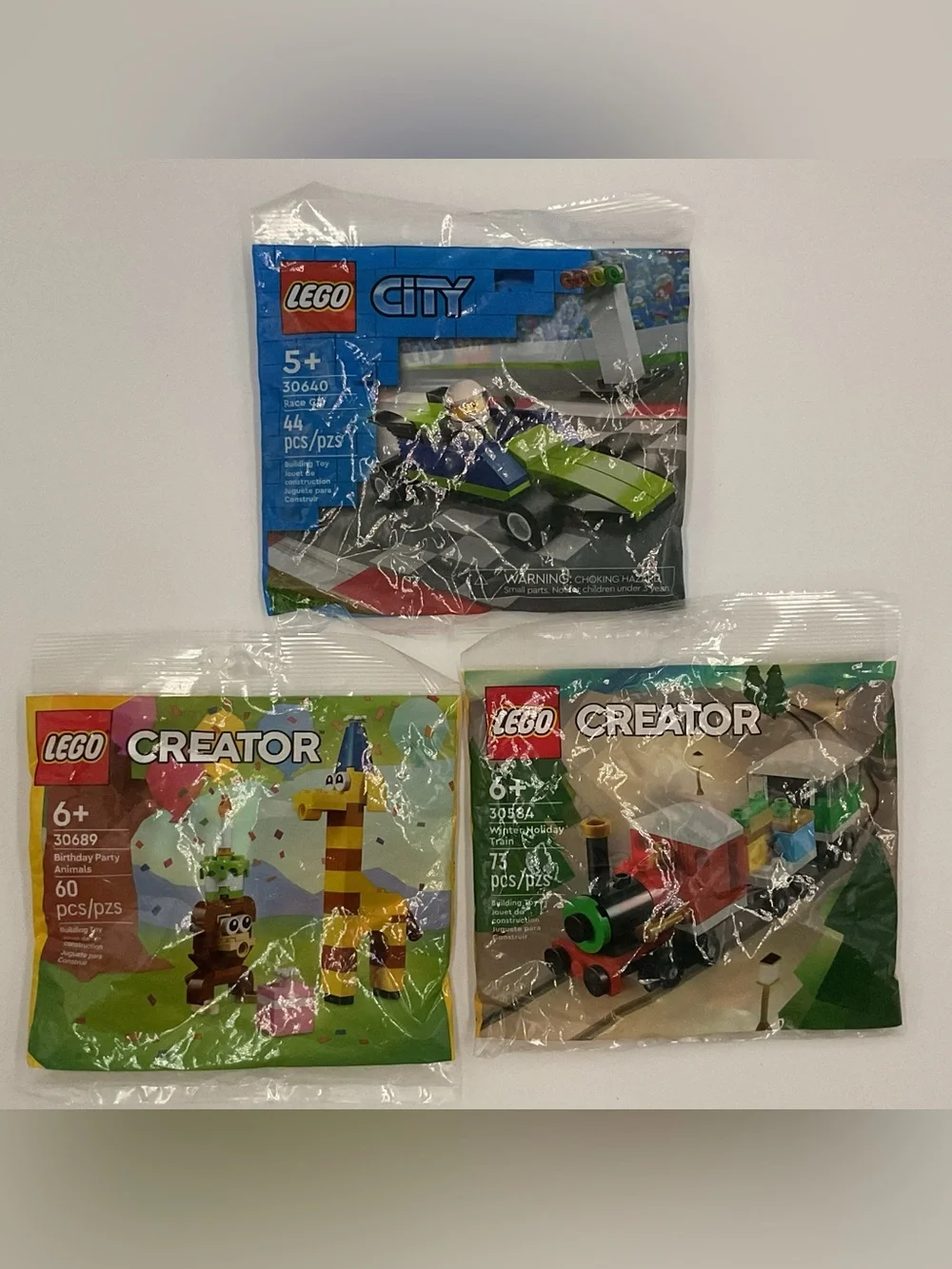 Lot x3 Poly Bag Lego Sets City 30640 Race Car Creator Train 30584 Animal 30689
